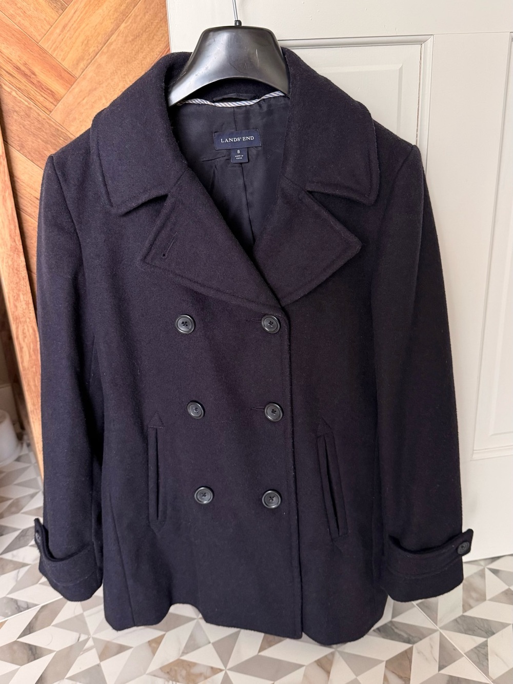 Lands' End Double-Breasted Wool Blend Navy Pea Coat, Ladies M